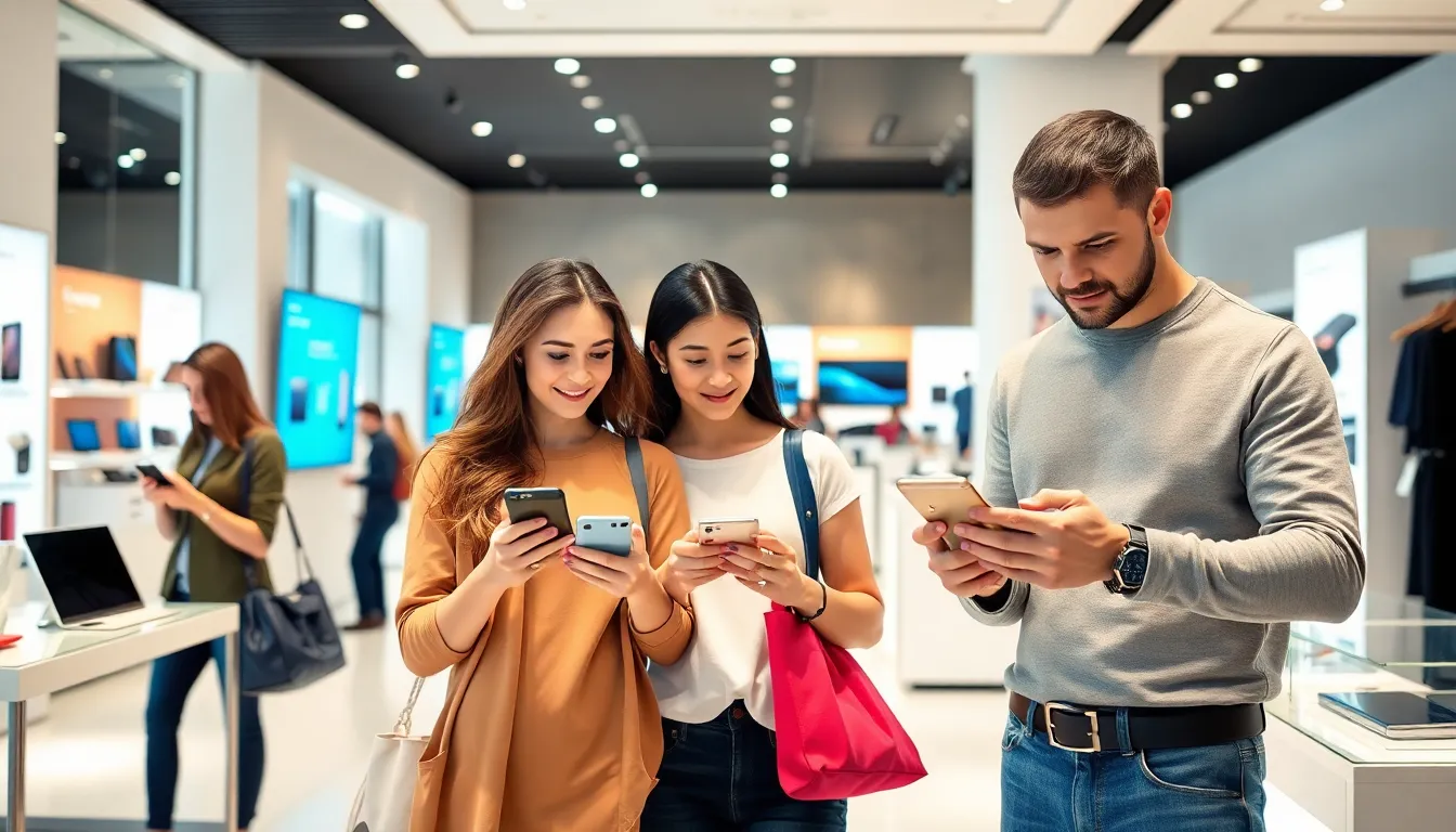 diverse shoppers using smartphones in a modern retail environment.