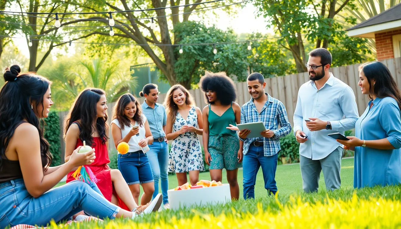 diverse group planning a thrifty event in a backyard setting.