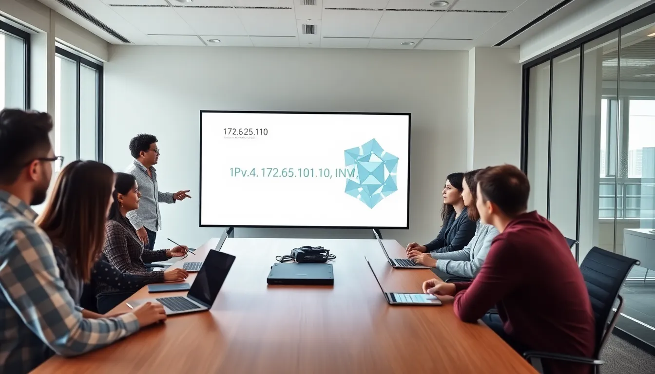 IT professionals discussing IP addresses in a modern office.
