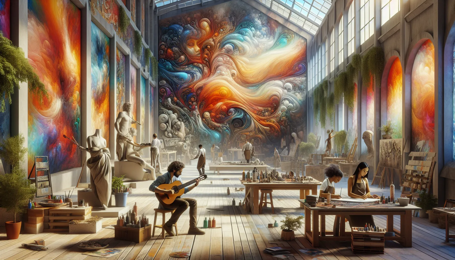 diverse artists collaborating in a modern studio, exploring themes of Yeaitsfarida.