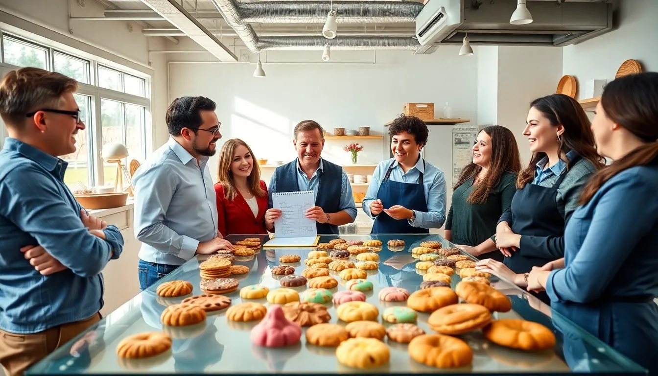 diverse team discussing cookie feedback in a bright bakery.