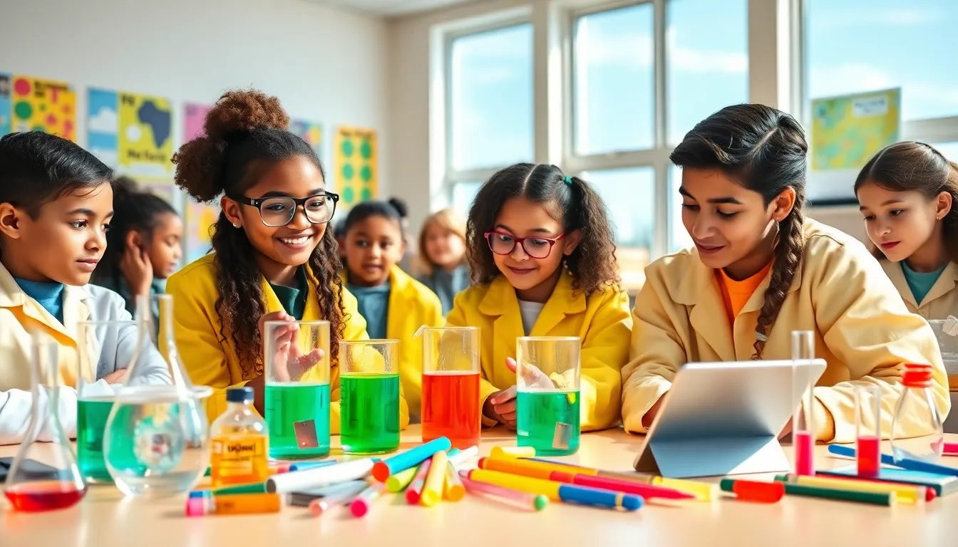 students conducting a collaborative science experiment in a modern classroom.