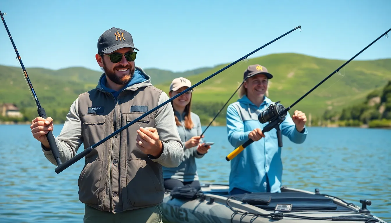 diverse anglers using advanced fishing gadgets on a tranquil lake.