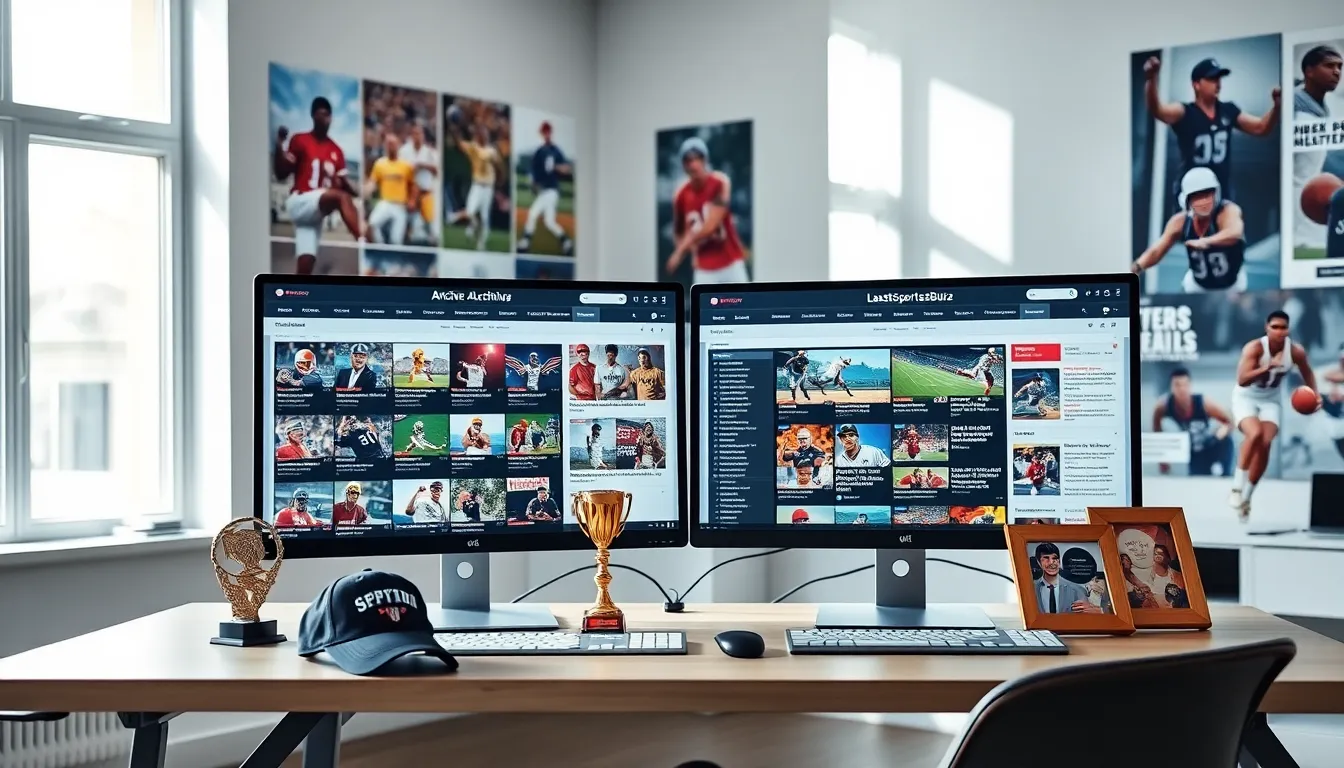 a computer desk displaying the LatestSportsBuzz.com archive with sports memorabilia.
