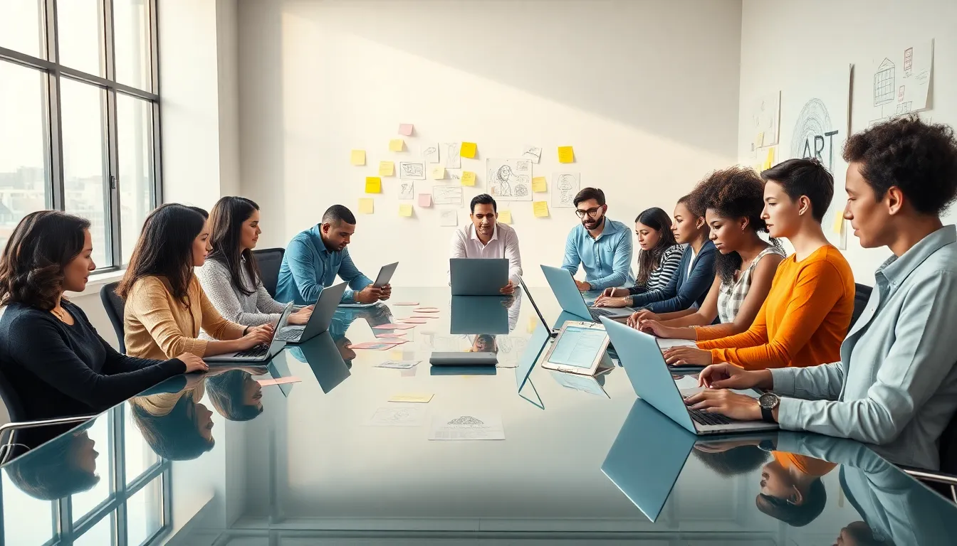 diverse team collaborating in a modern workspace on creative projects.
