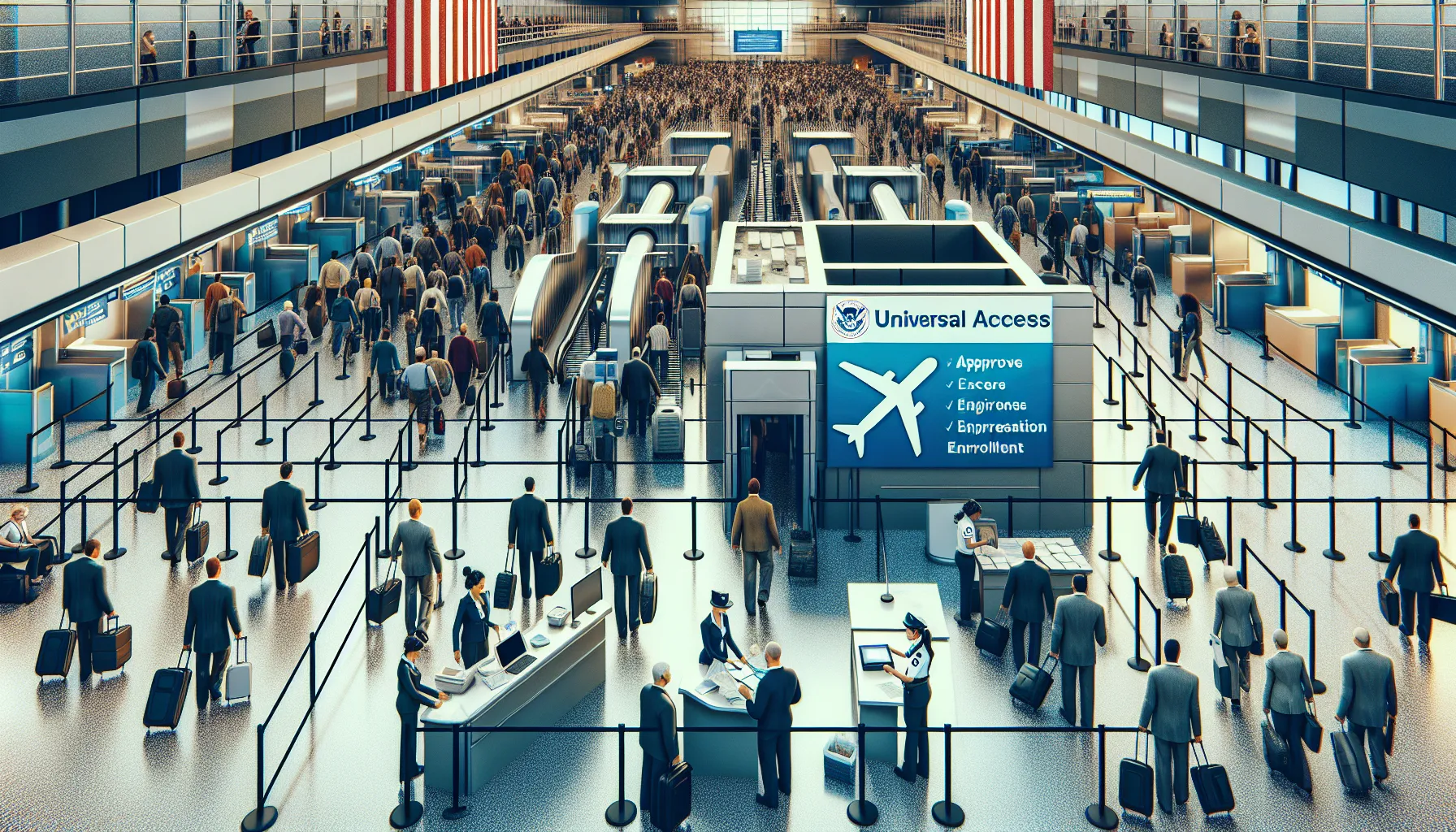 Travelers navigating airport security, highlighting TSA PreCheck and Global Entry areas.