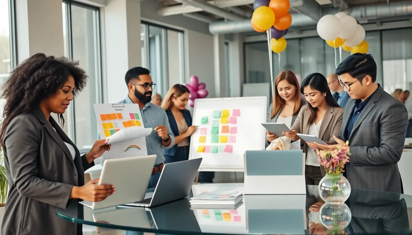 diverse team planning events in a modern office setting.