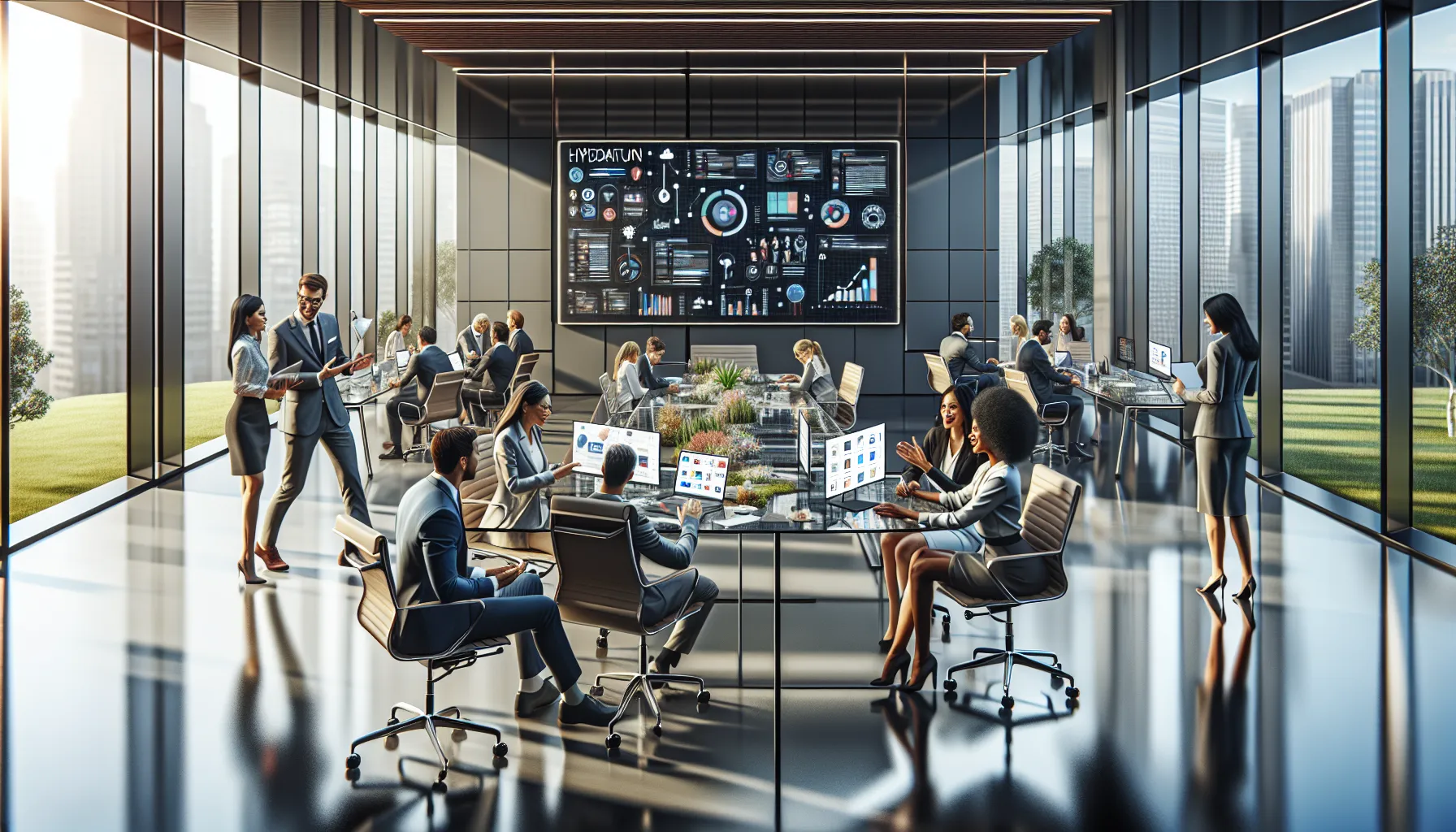 diverse professionals discussing Hydpatan in a modern office.