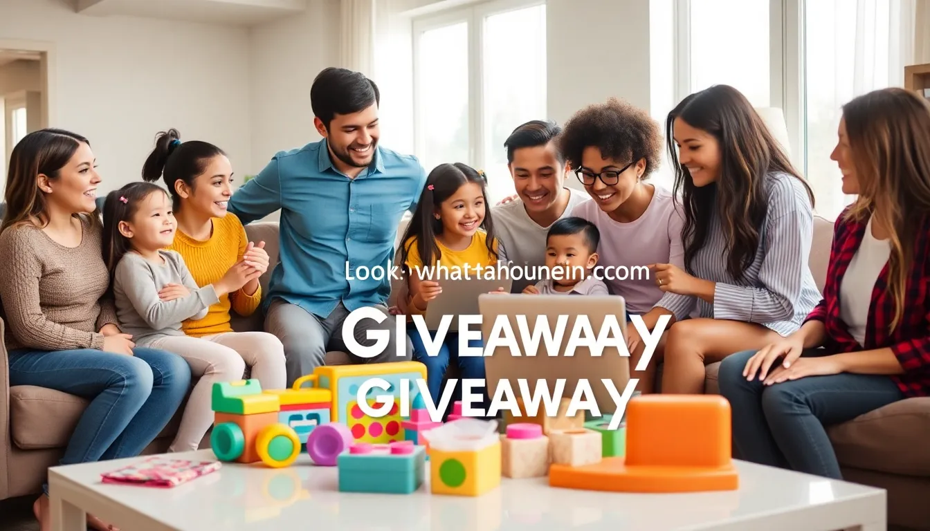 families excitedly discussing a community giveaway in a cozy living room.