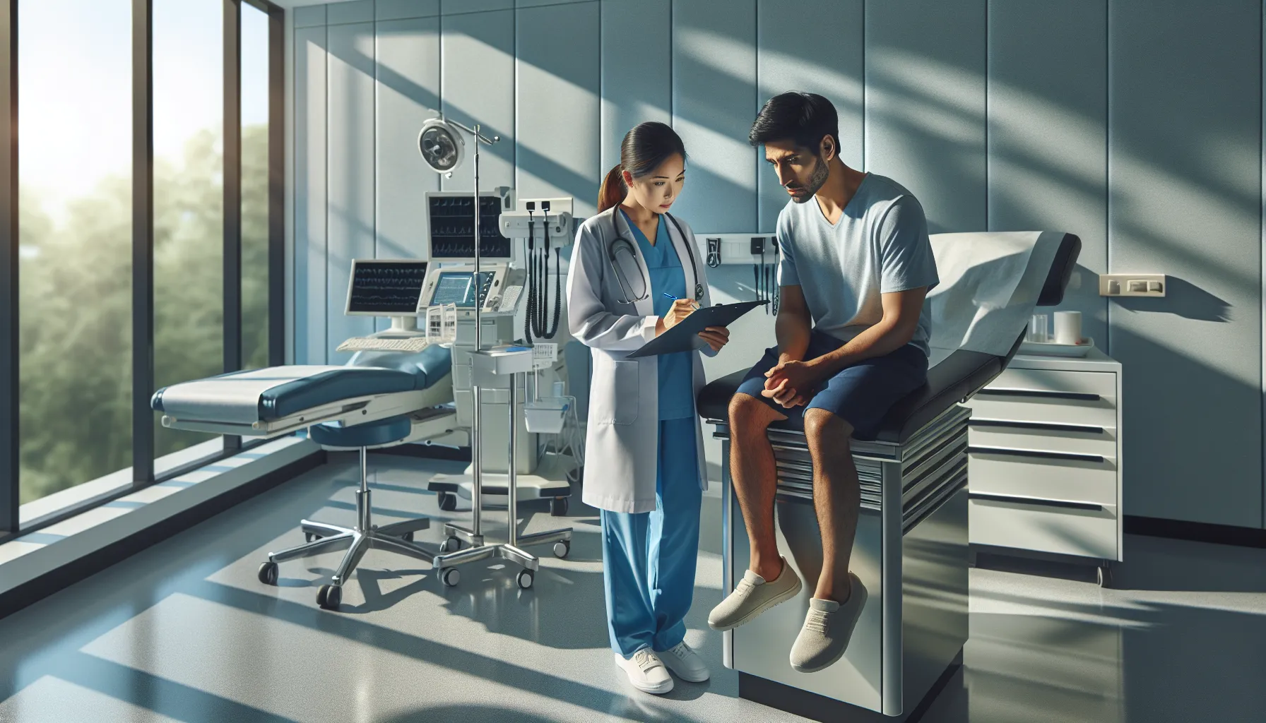 A healthcare professional examining a patient in a modern medical clinic.