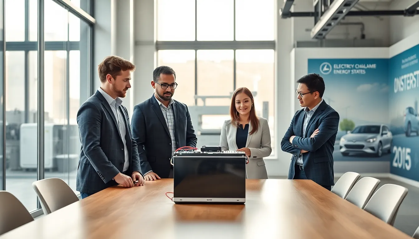 diverse team collaborating on battery technology innovations.