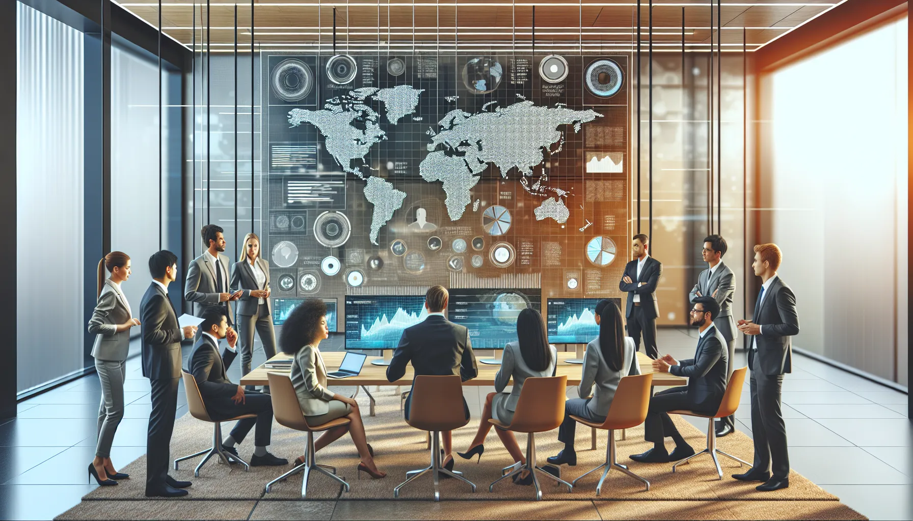 diverse team analyzing geolocation data for an IP address in a modern office.