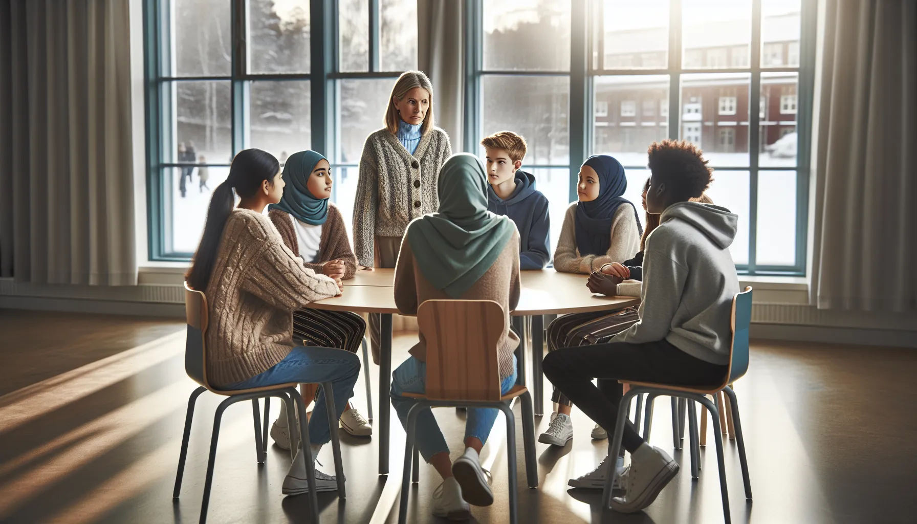 Diverse norwegian students and teacher in a warm, inclusive classroom discussion circle.