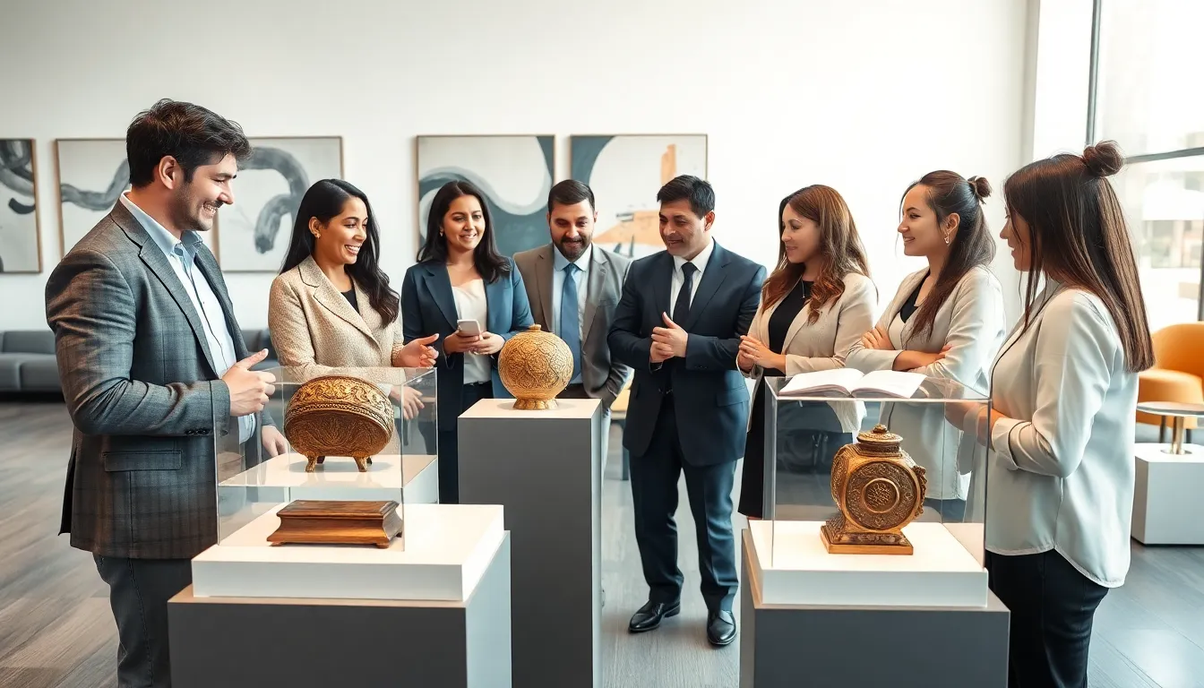 diverse professionals discussing traditional Удзеы artifacts in a gallery.