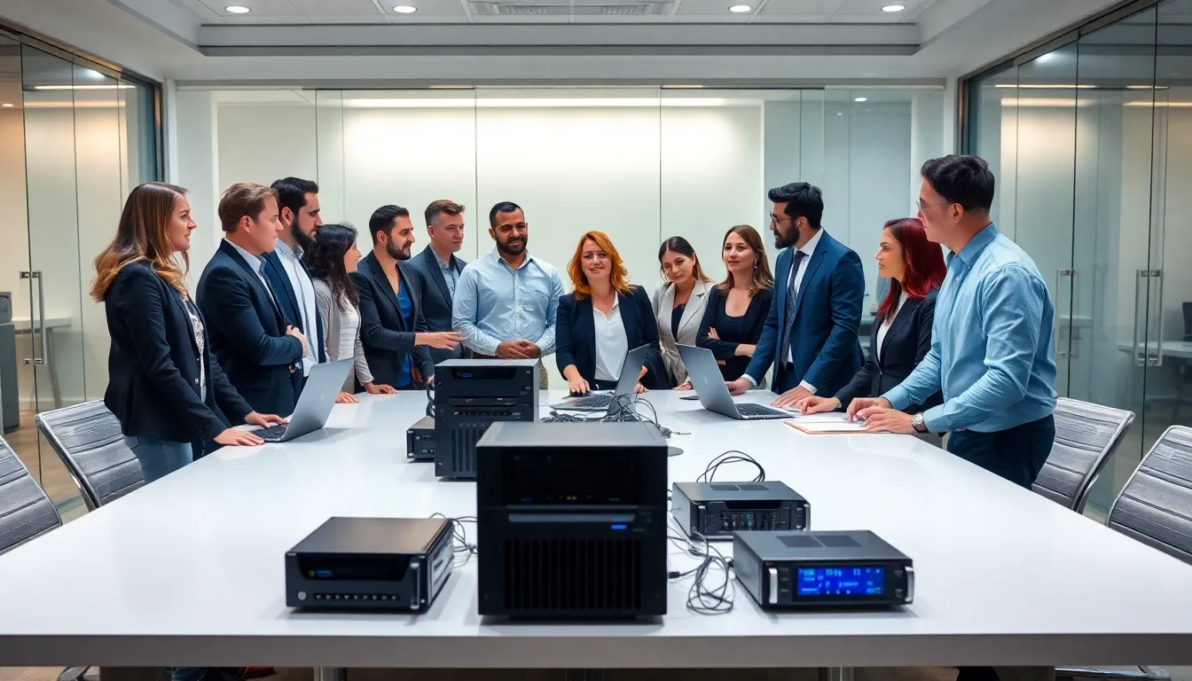 professionals discussing commercial hardware in a modern office.