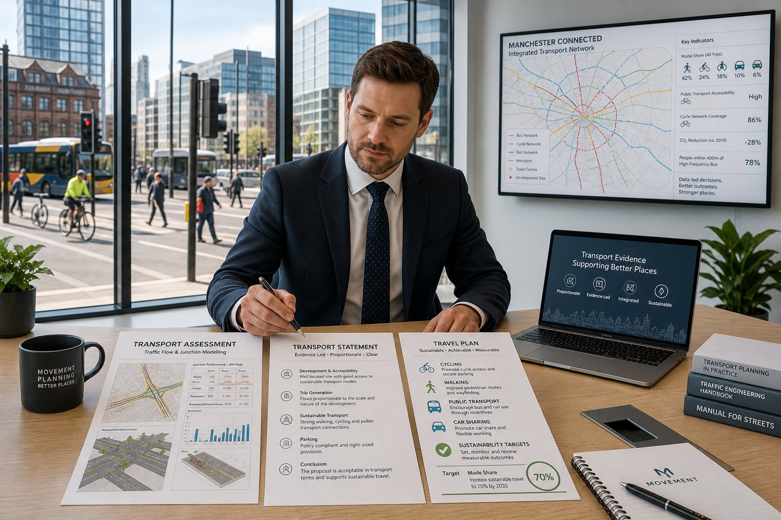Traffic engineer reviewing transport plans in a modern Manchester office.