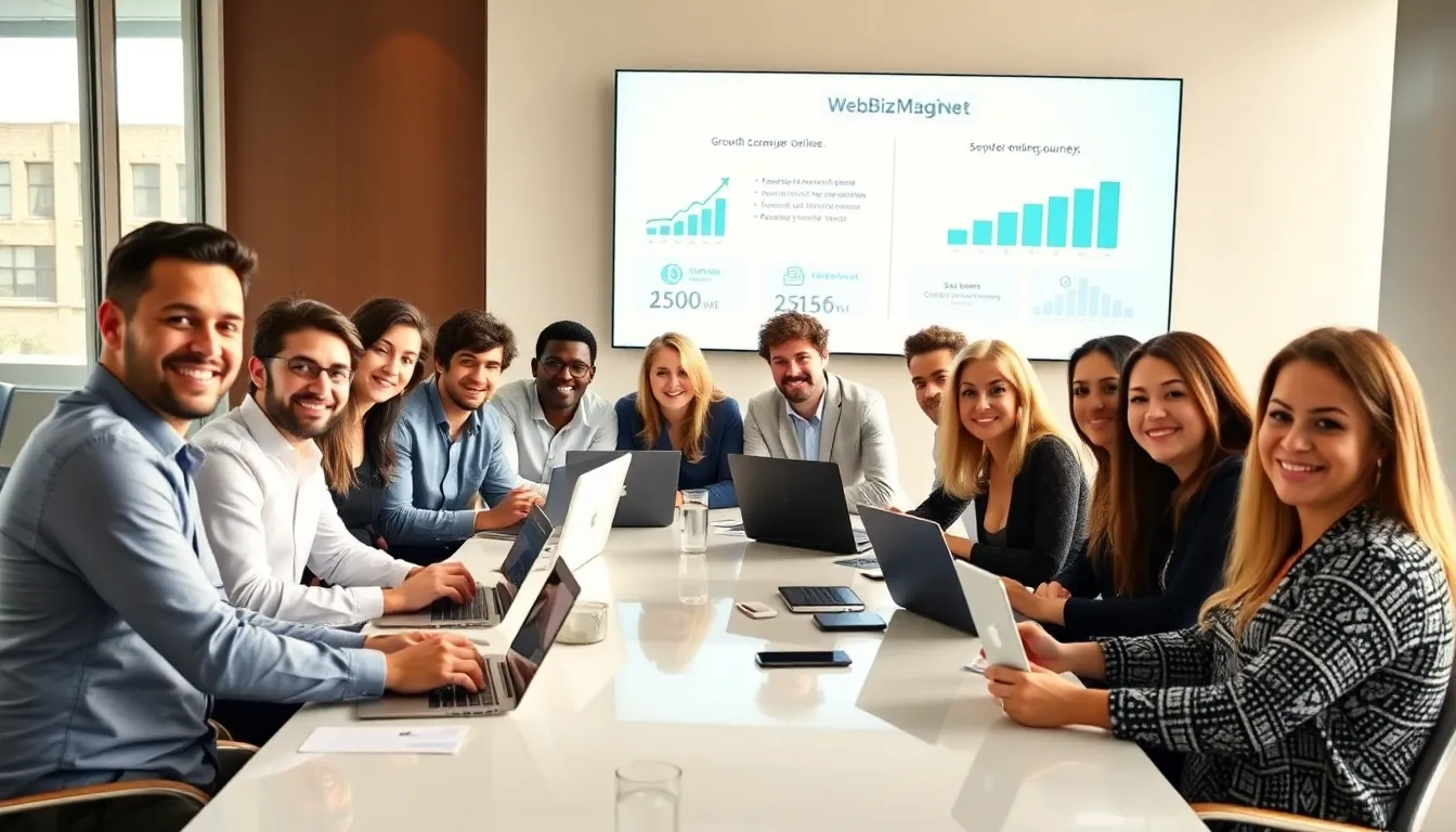 diverse team collaborating in a modern office on online business projects.