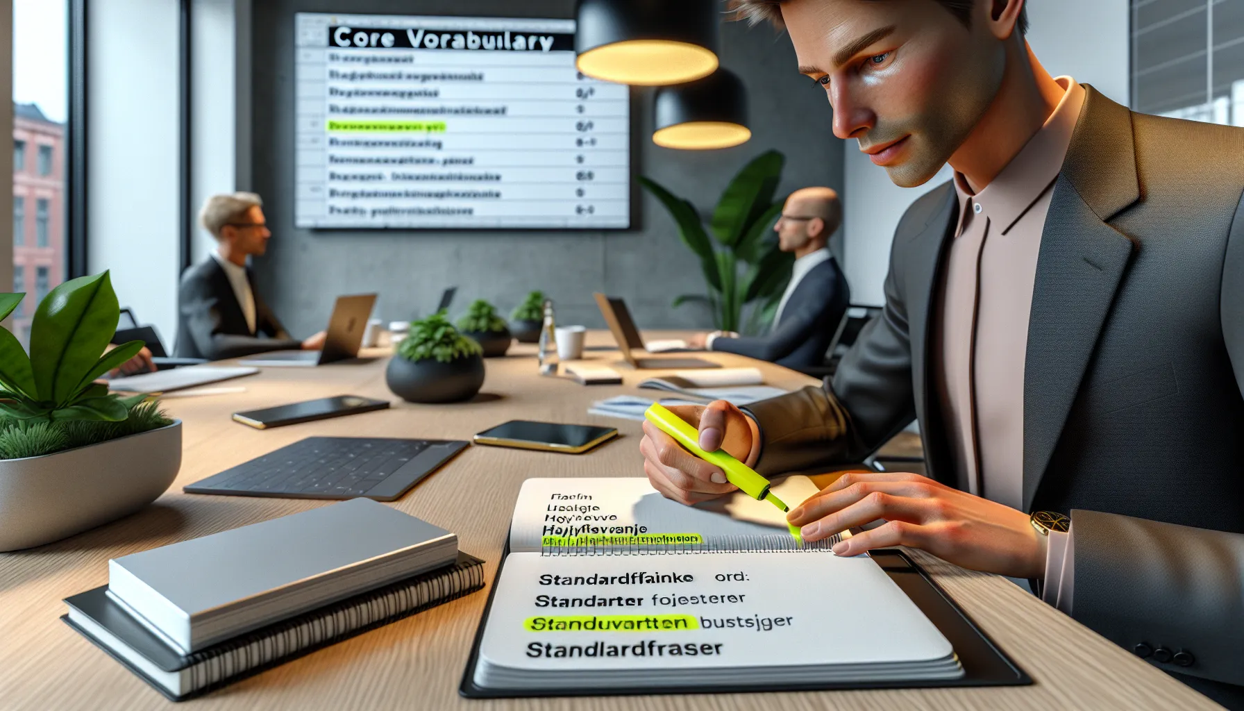 De mest effektive teknikkene for å lære et nytt språk raskt 6 Norwegian professional highlighting core vocabulary and standard phrases in an office meeting room.