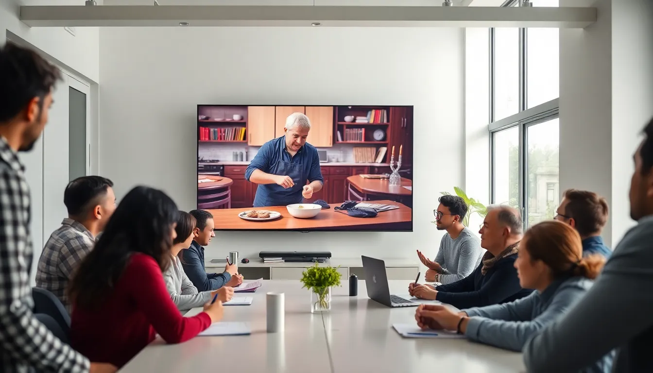 diverse audience engaged in a masterclass video in a modern office.