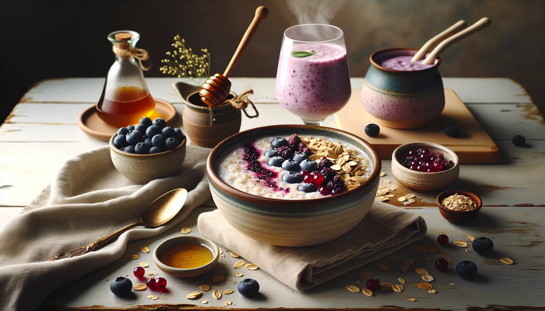 Nordic breakfast with blueberry porridge, redcurrant yogurt, and lingonberry smoothie.