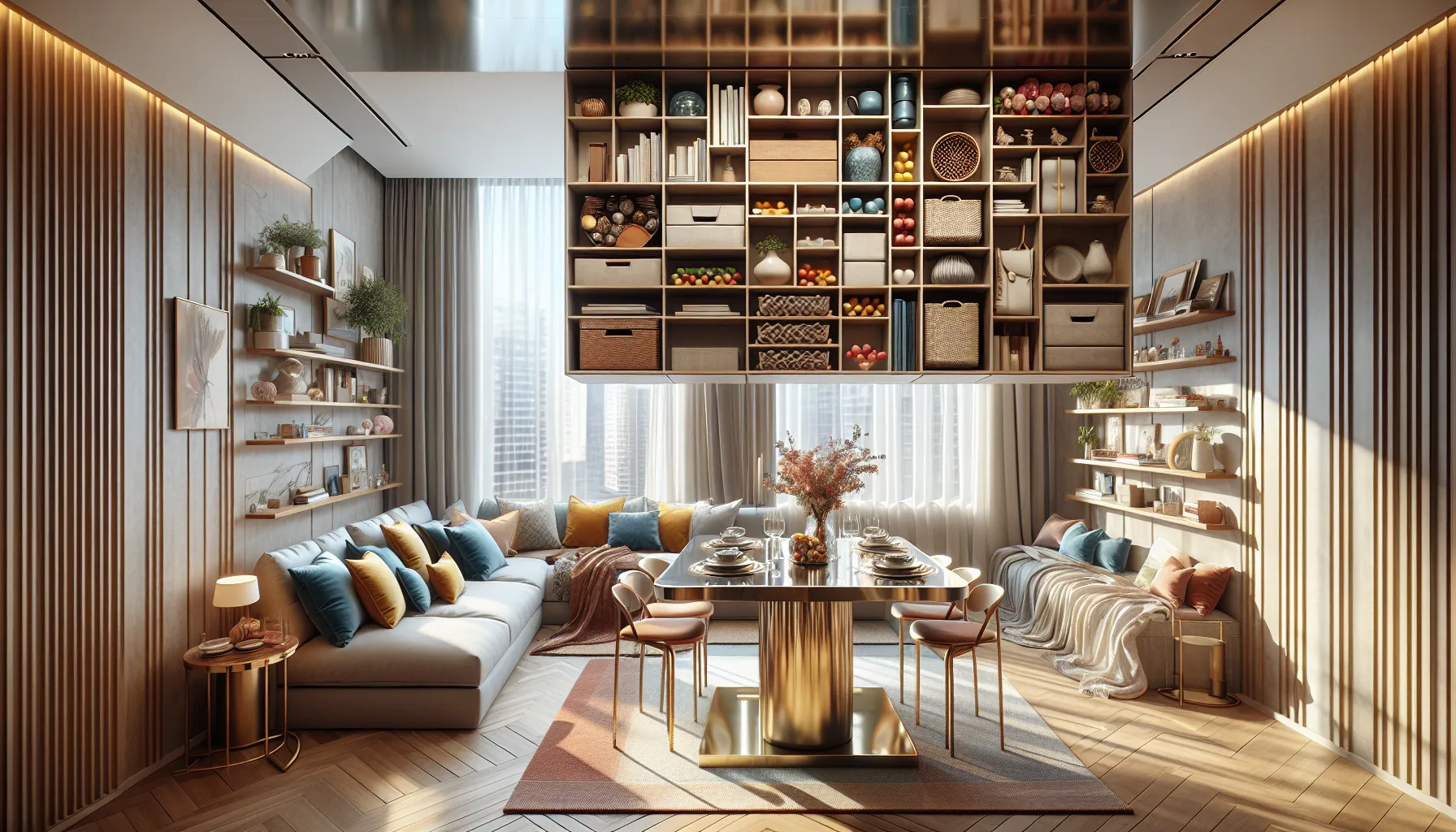 Stylish living room with multi-functional furniture and creative storage solutions.
