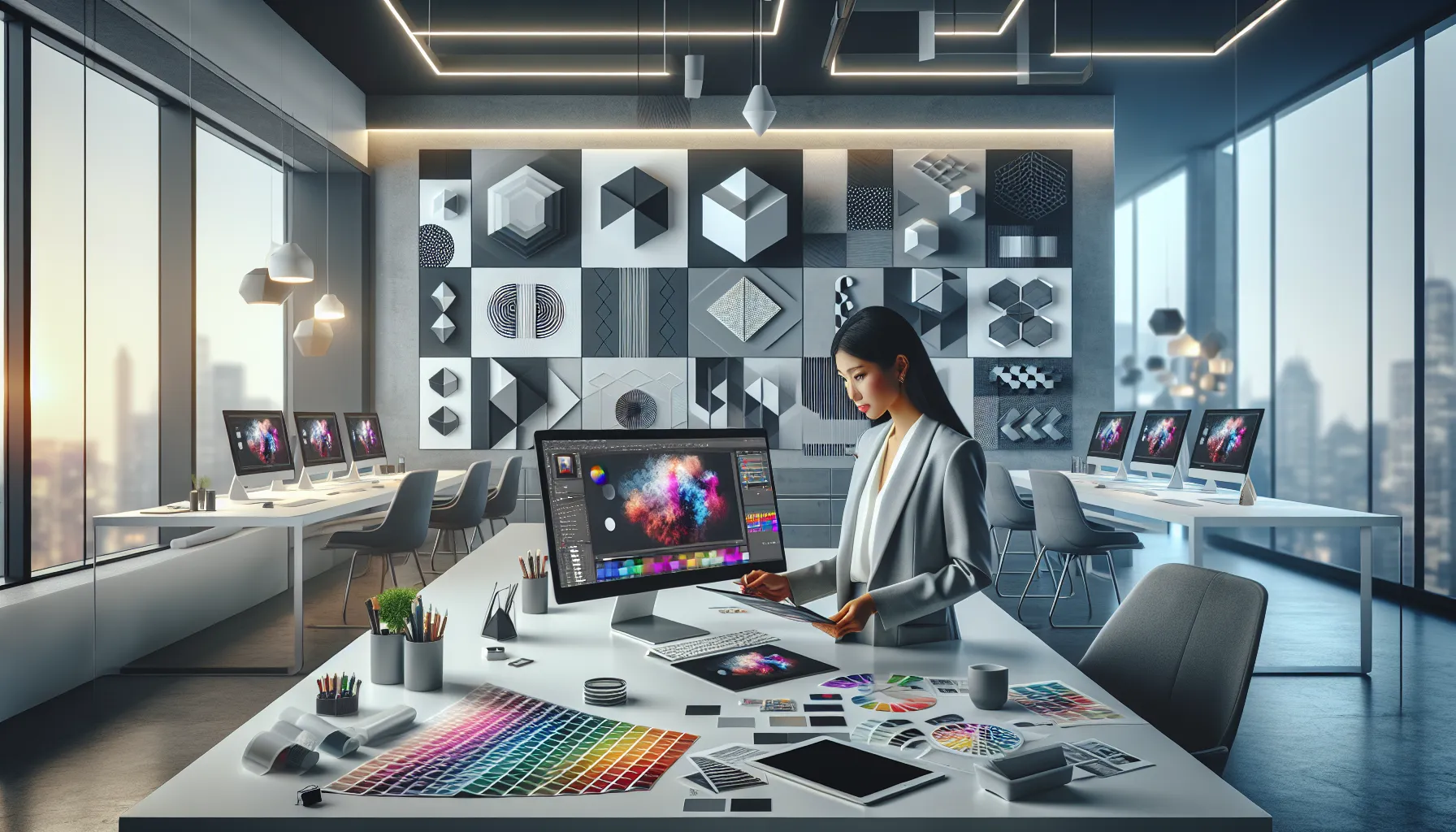 designer working with grayoffsetback concepts in a contemporary office.