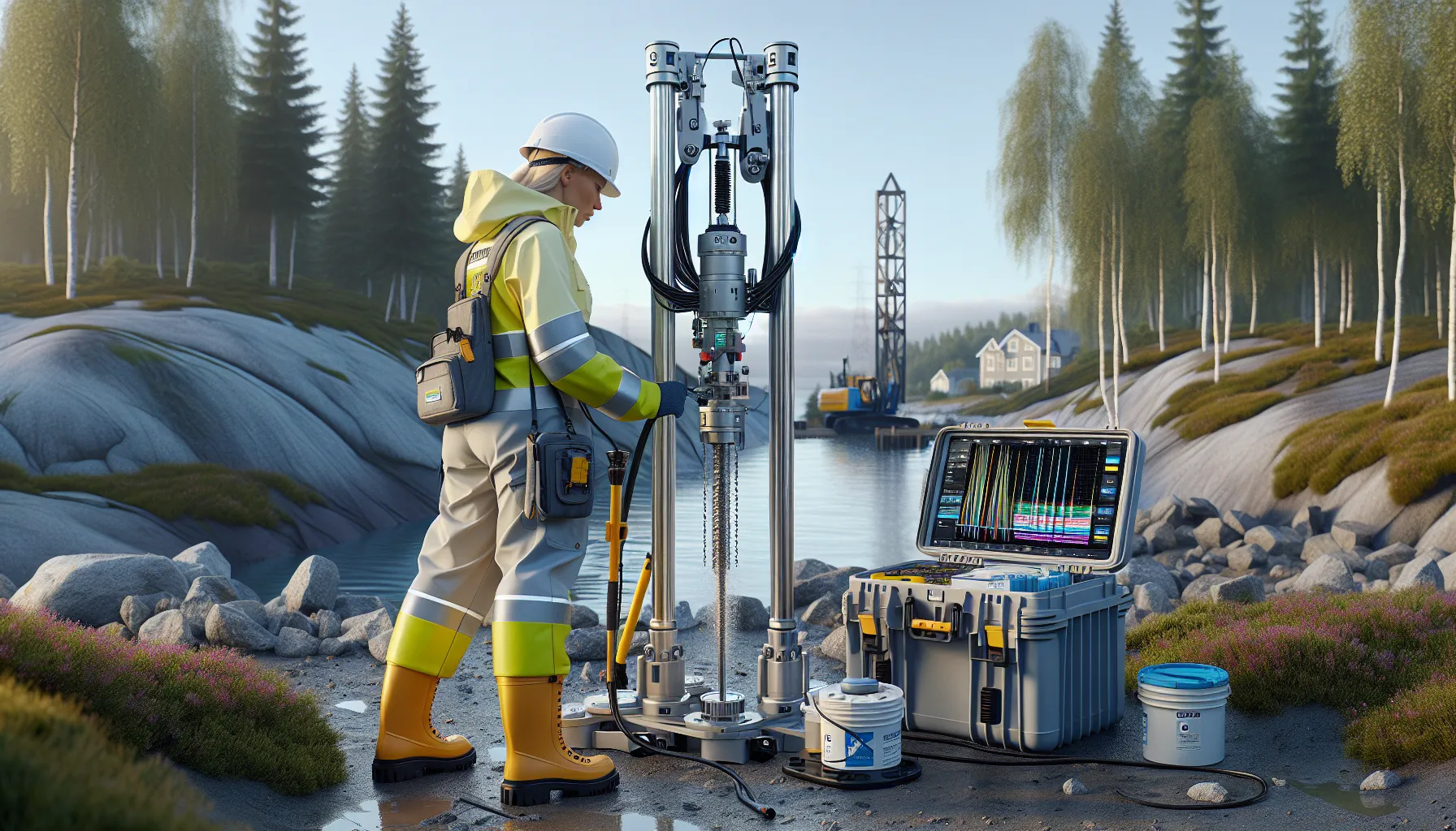 Hvordan bruke geoteknikk for å sikre byggegrunnen 3 Engineer runs cptu rig with maps and piezometer on a norwegian site.