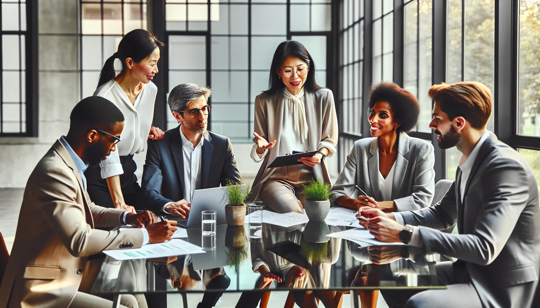 diverse professionals discussing health management in a modern office.