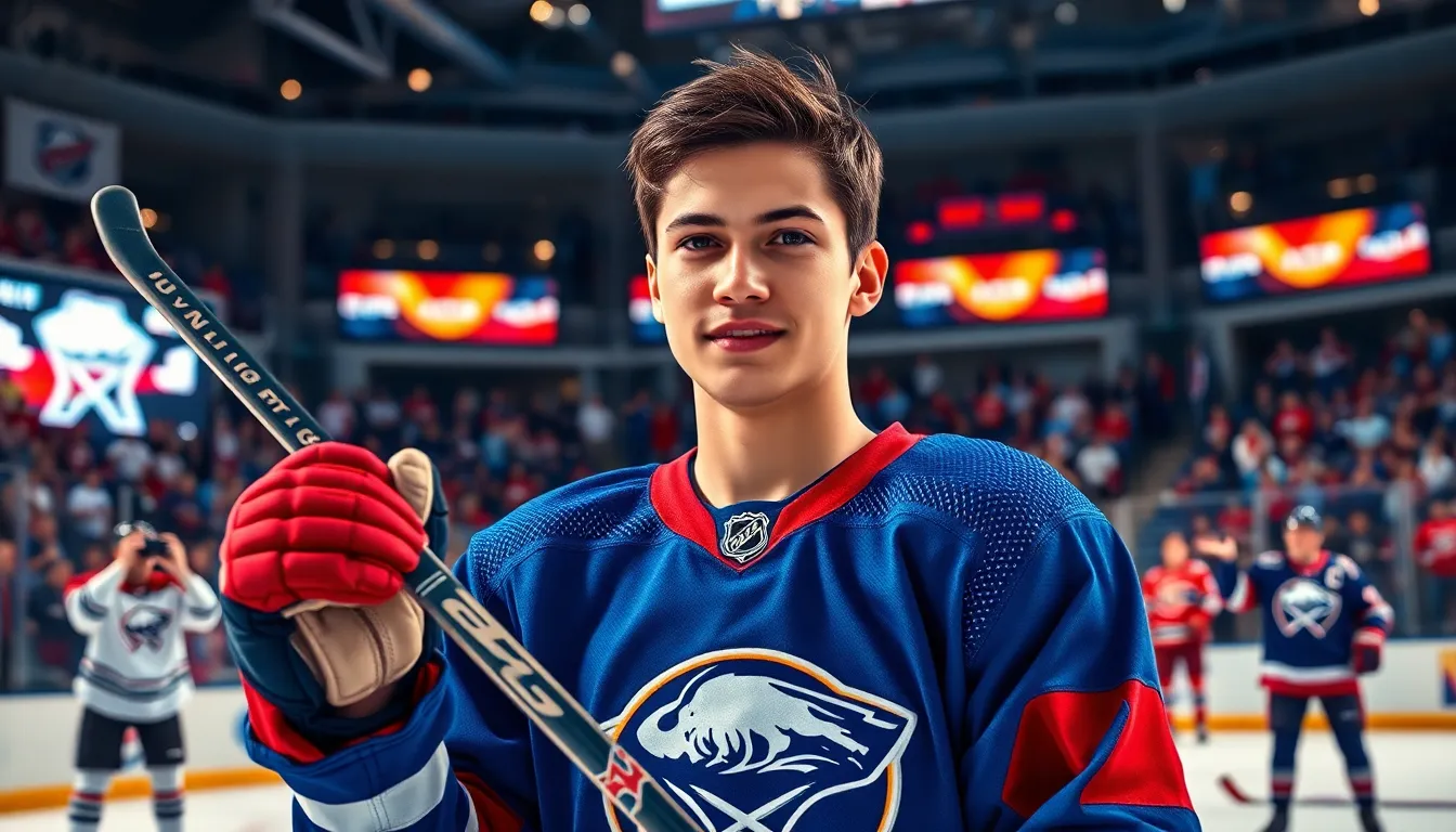 a young hockey player ready for the NHL season on an ice rink.