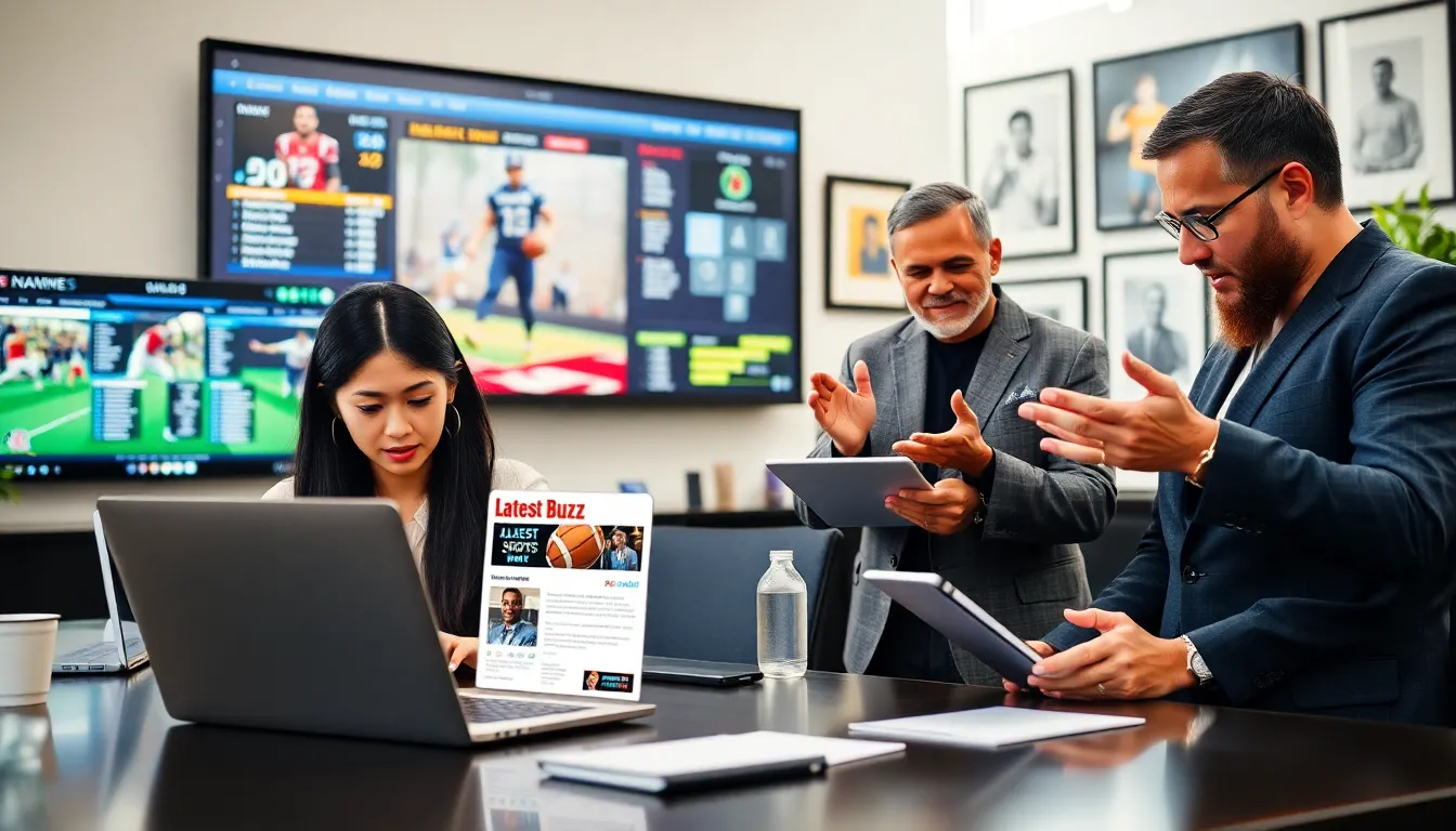 diverse team collaborating on a sports newsletter in a modern office.