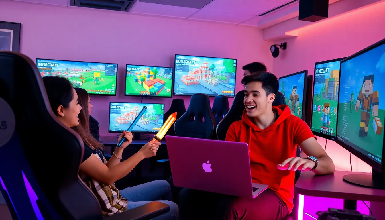 gamers collaborating in a modern room while using Minecraft building gadgets.