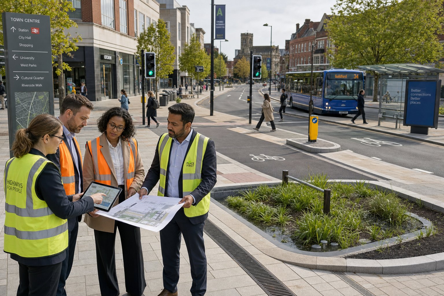 Highway engineers reviewing a modern accessible street design in the UK.