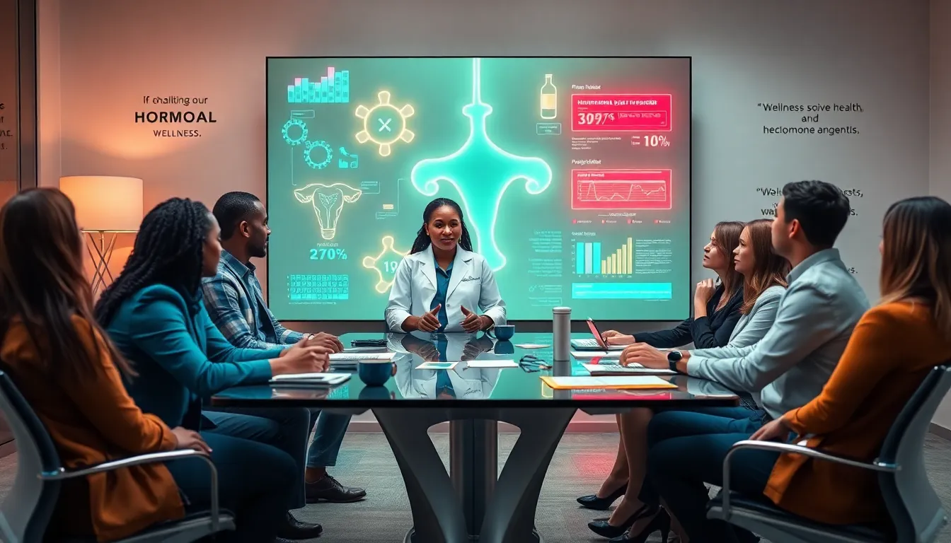 diverse team discussing hormonal health in a modern wellness center.