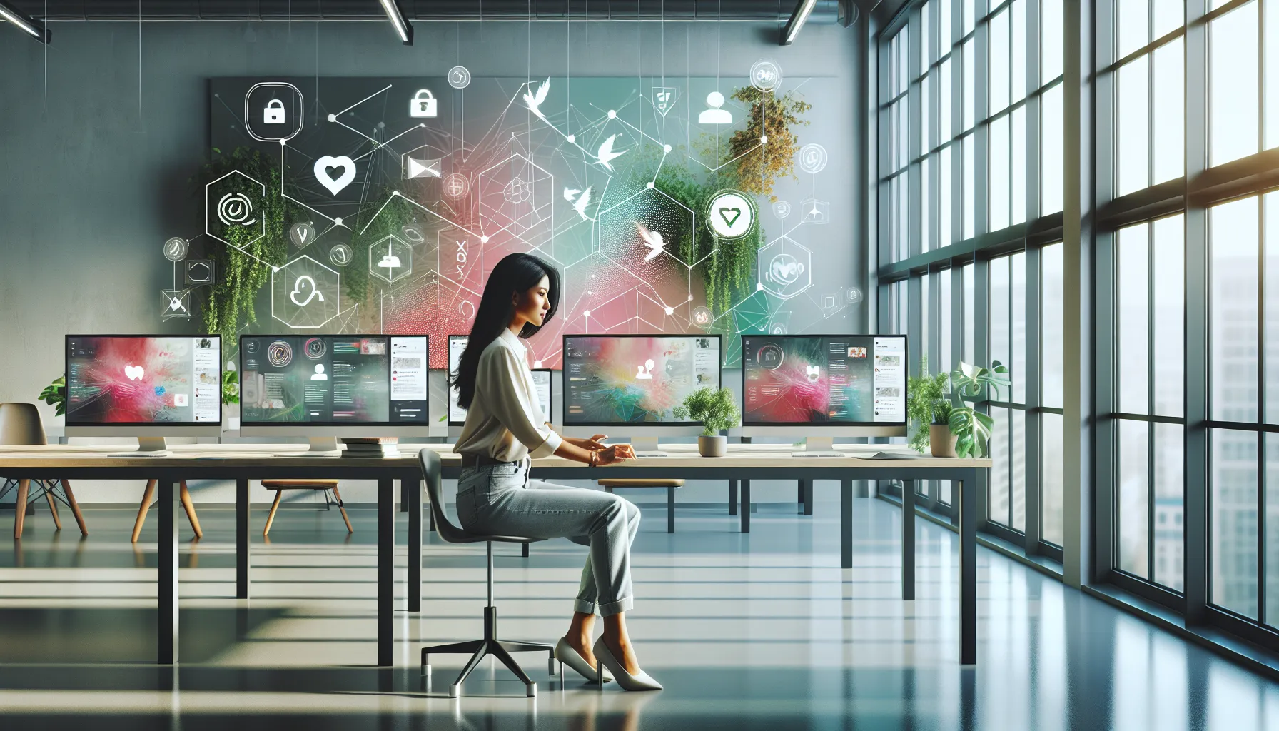 professional engaging with social media in a modern workspace.