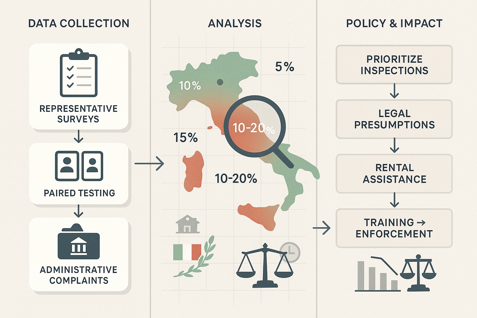 Infografica a tre pannelli che mostra metodi di raccolta dati, mappa dell'Italia e azioni politiche