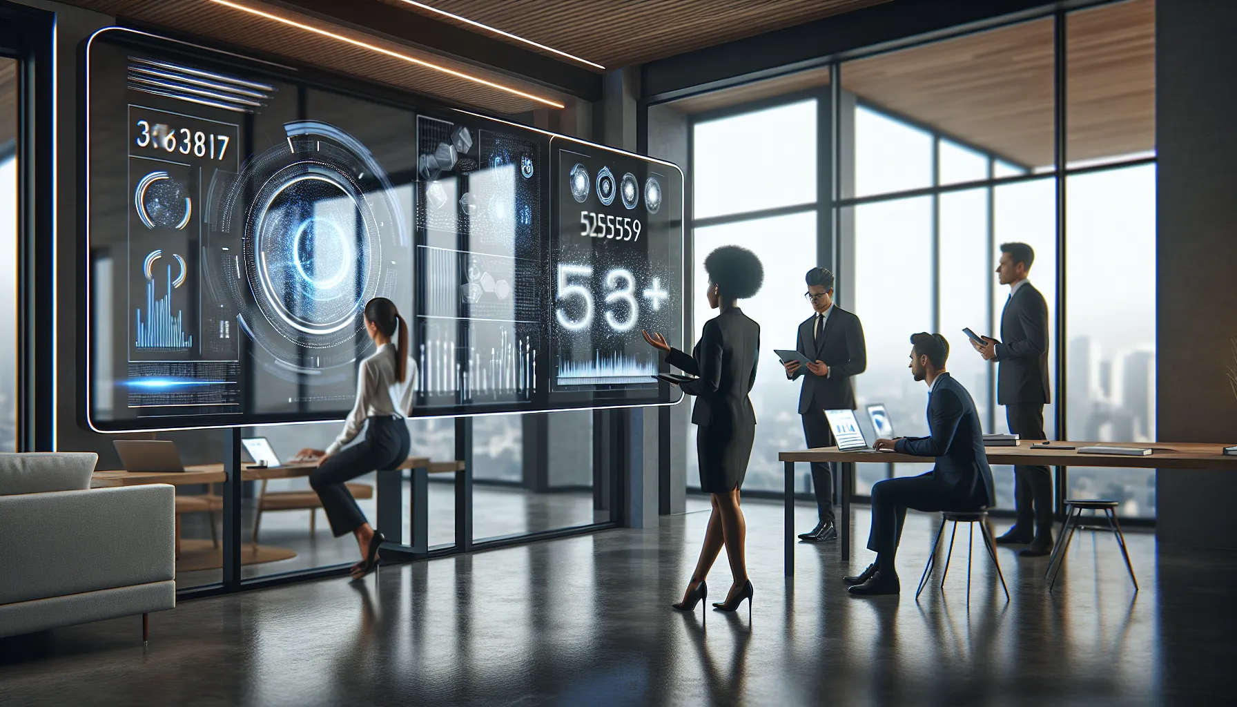 diverse professionals discussing technology in a modern office.