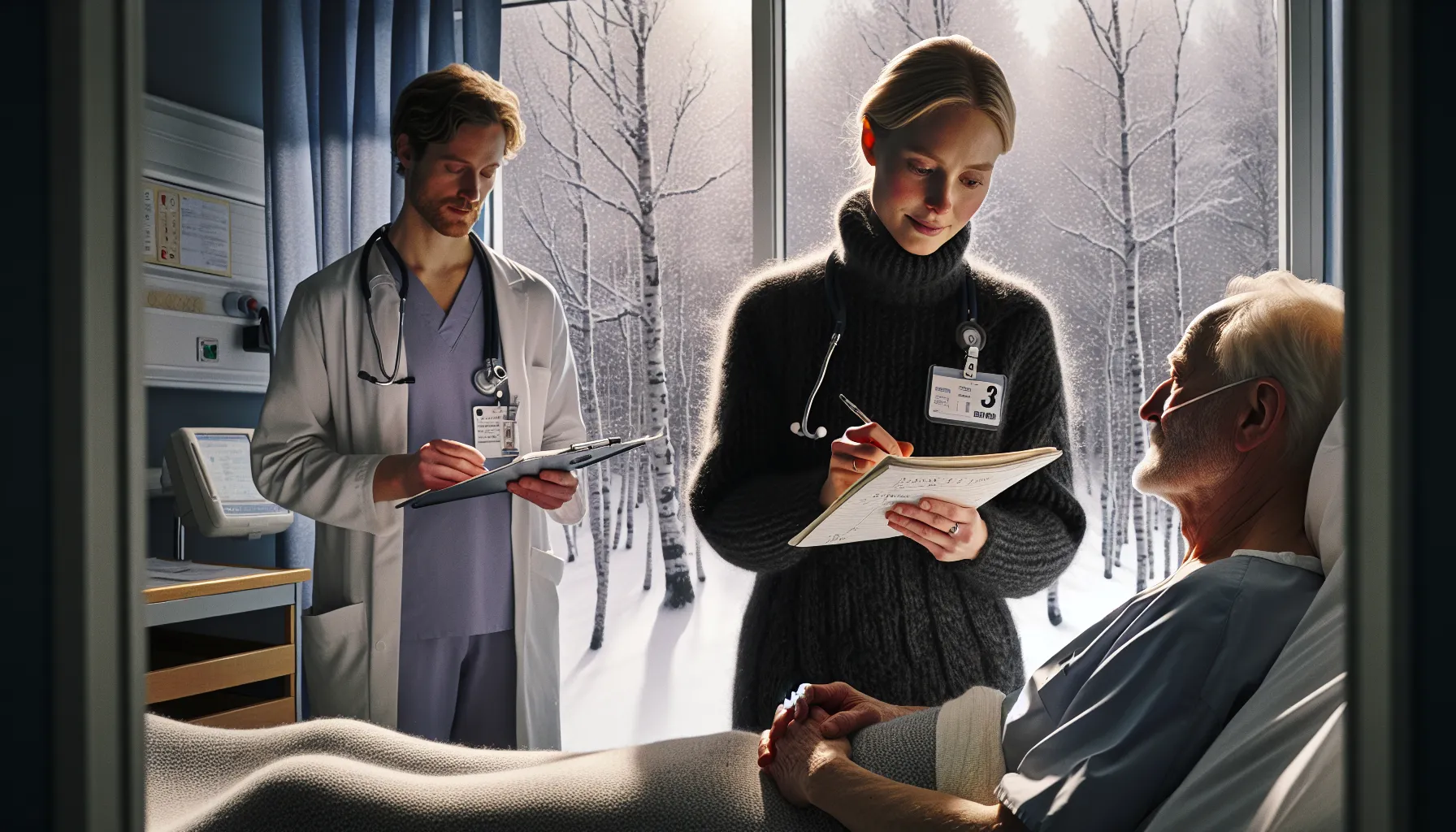 Caregiver summarizes care plan with doctor beside a seriously ill patient.