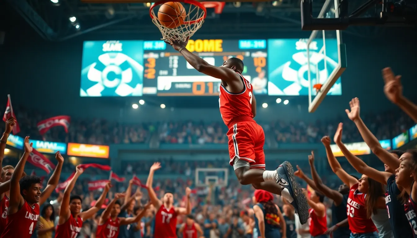 a basketball player soaring for a dunk in a lively arena