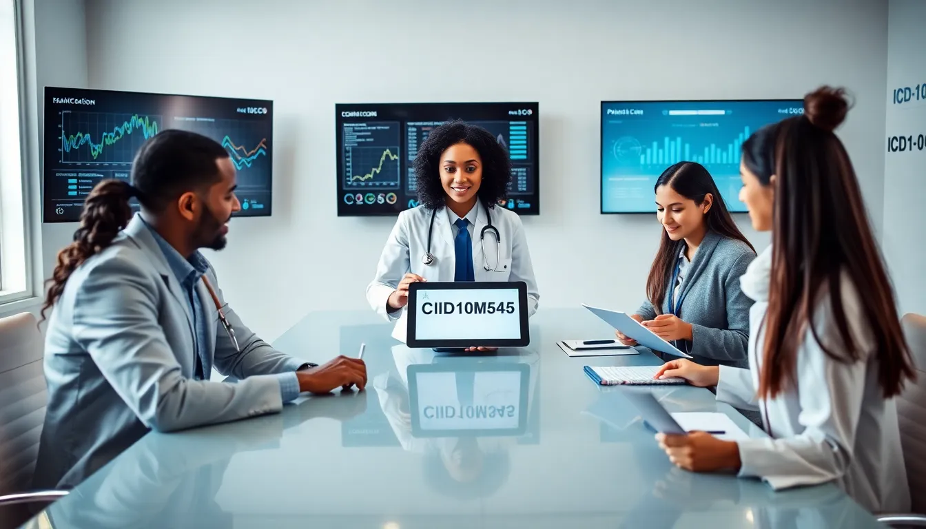 diverse healthcare team discussing medical coding in a modern office.