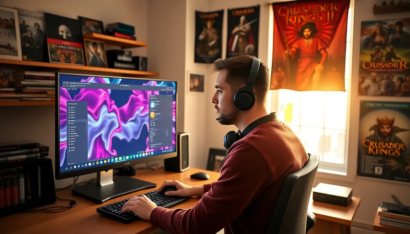 a young man gaming with CK2Generator on a high-tech computer.