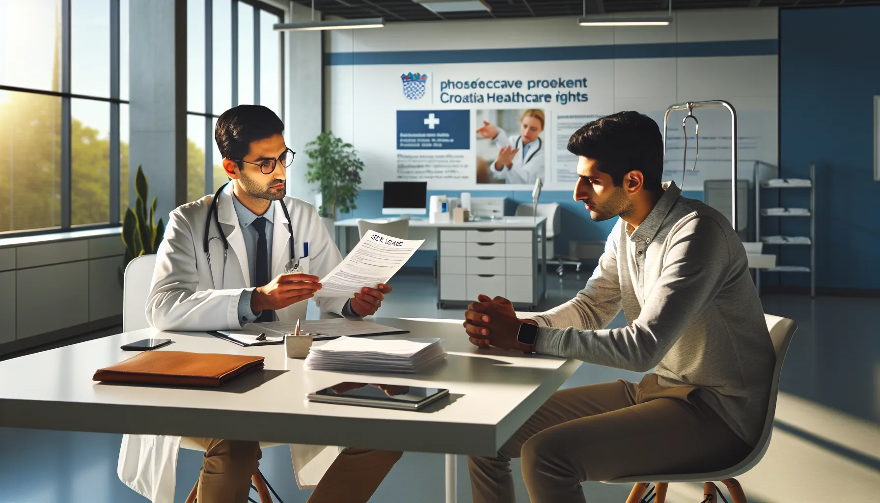 Croatian doctor consulting with patient about sick leave documentation in medical office