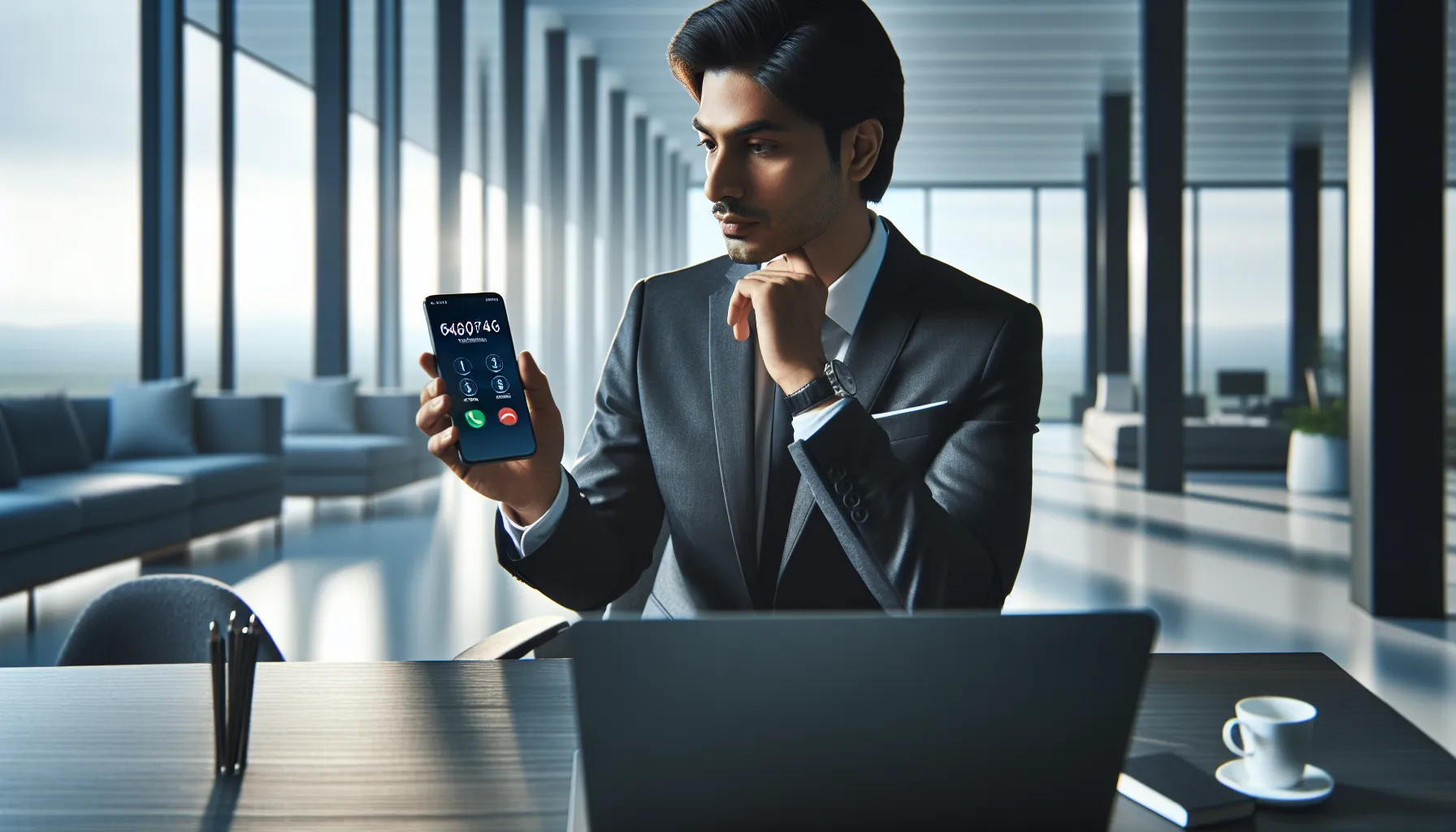 professional examining unknown caller information in a modern office.