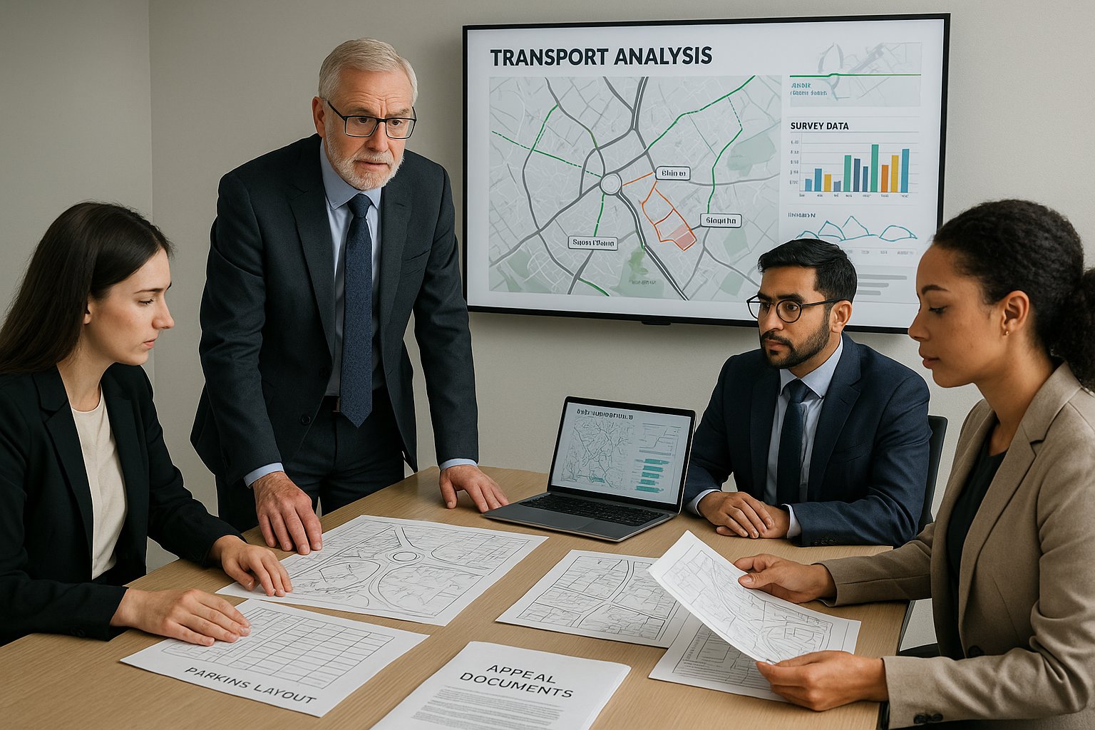 Transport planning experts reviewing traffic evidence in a modern UK office.
