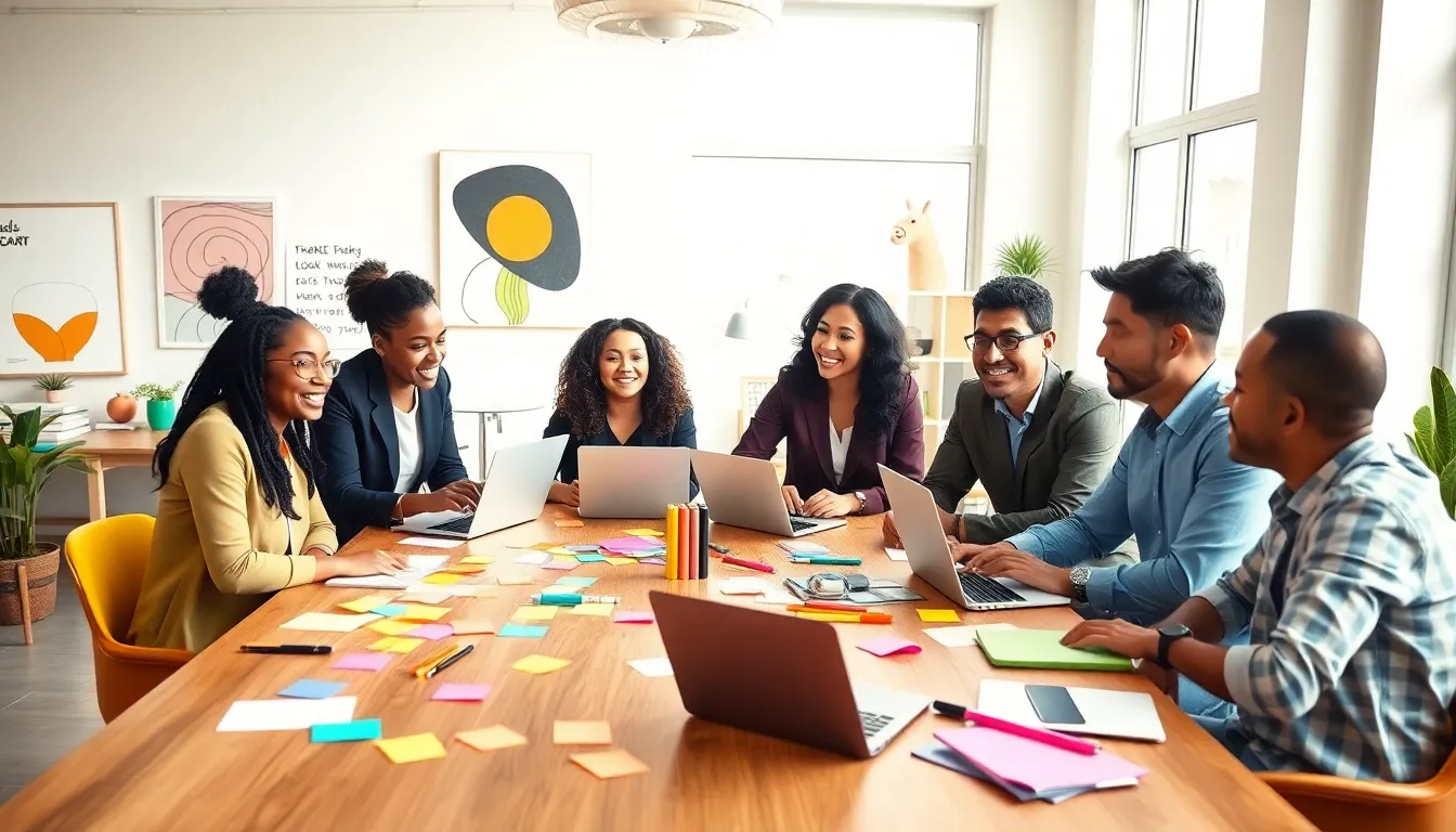 diverse team brainstorming in a colorful creative workspace.