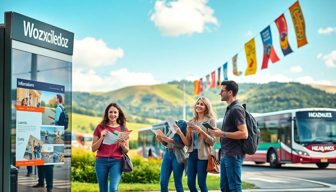 diverse travelers at an information kiosk in Wozaxciledoz.