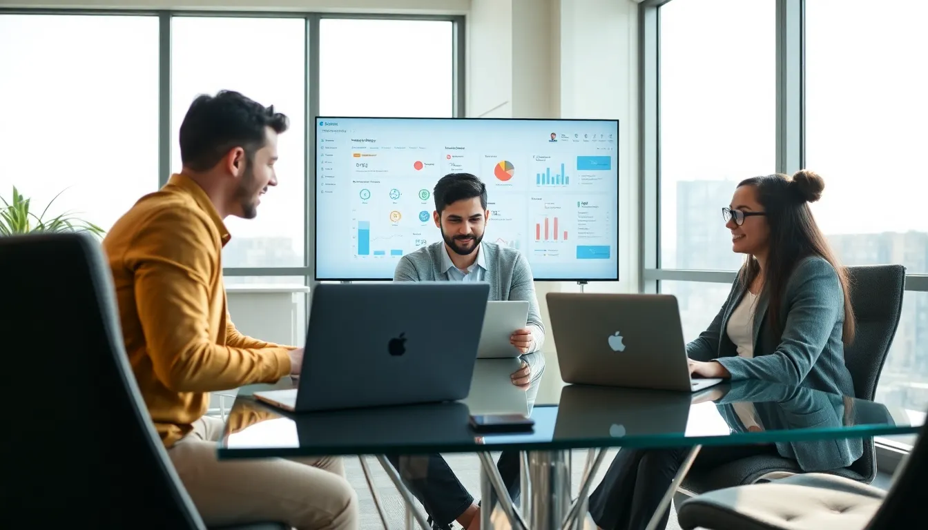 diverse team collaborating using Llekomiss software in a modern office.