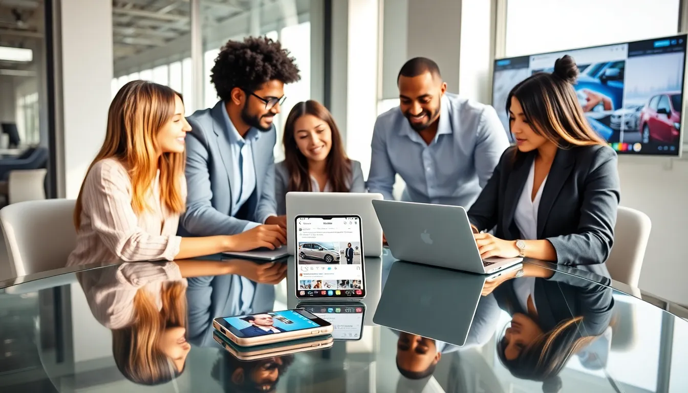 diverse marketing team discussing automotive social media strategies.