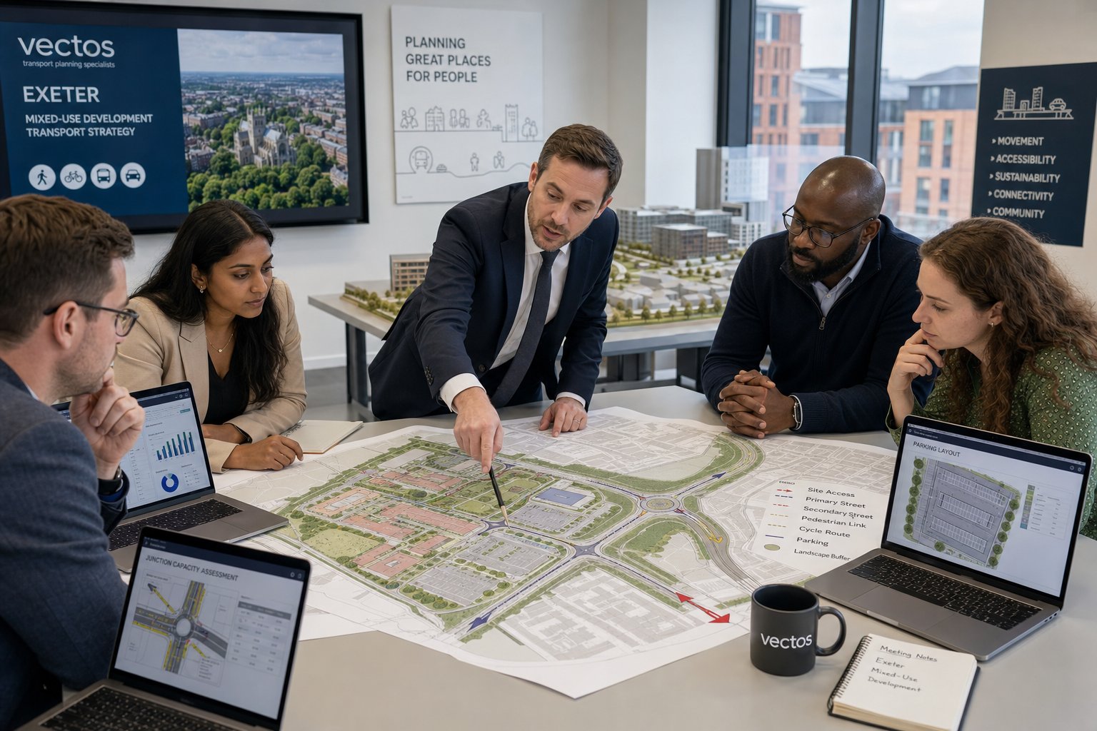Traffic engineer reviewing development transport plans in a modern Exeter office.