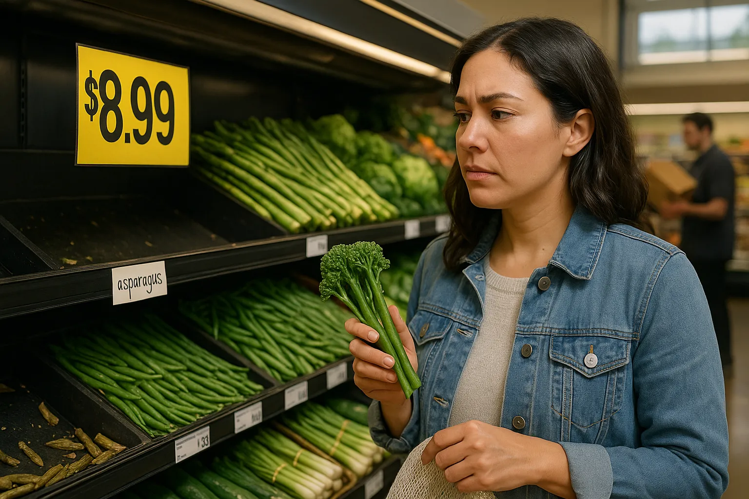 Shopper holding broccolini in grocery aisle beside an empty, overpriced asparagus bin.