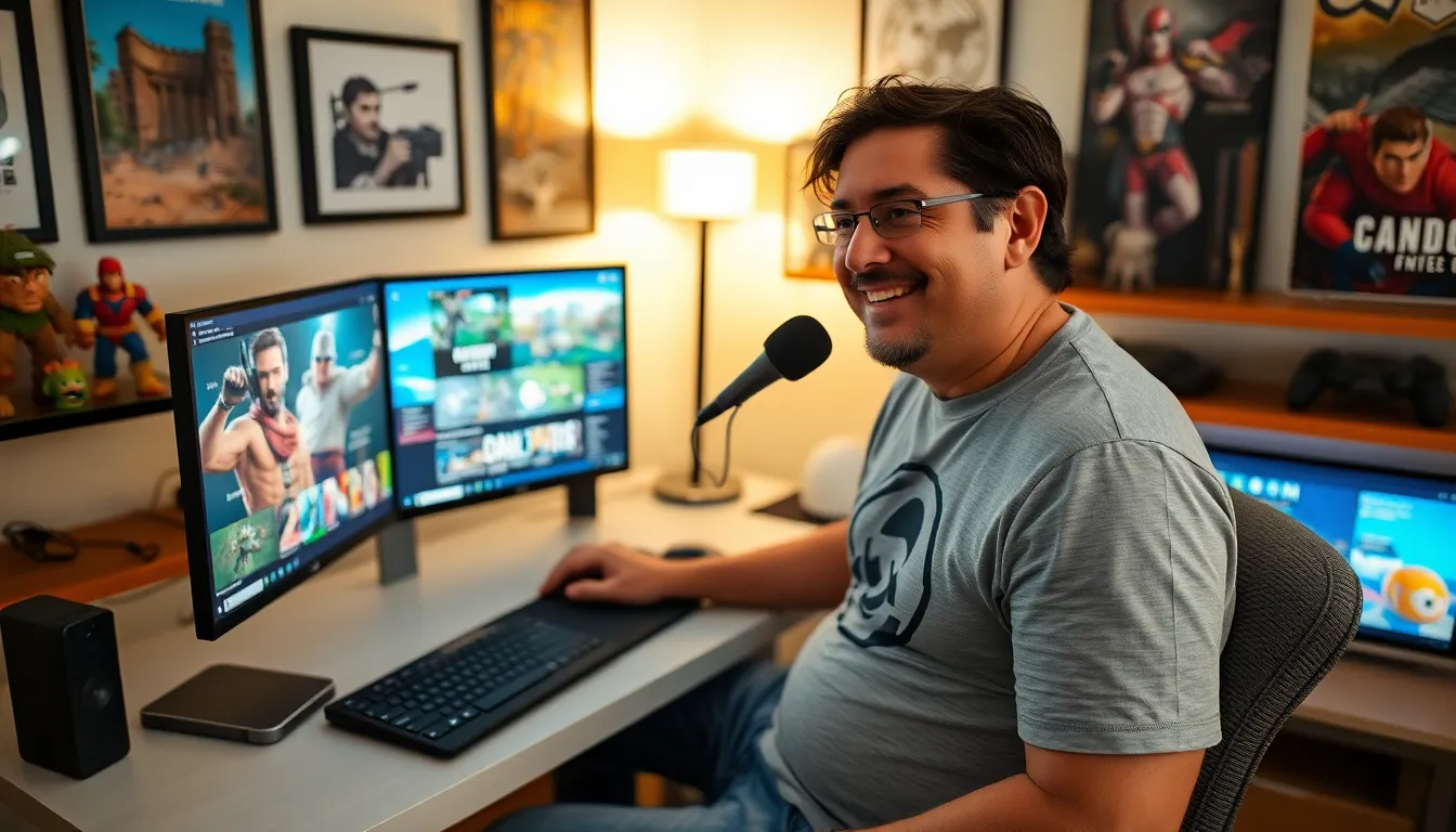 Larry Nando engaging with viewers in his gaming room, sharing guide insights.